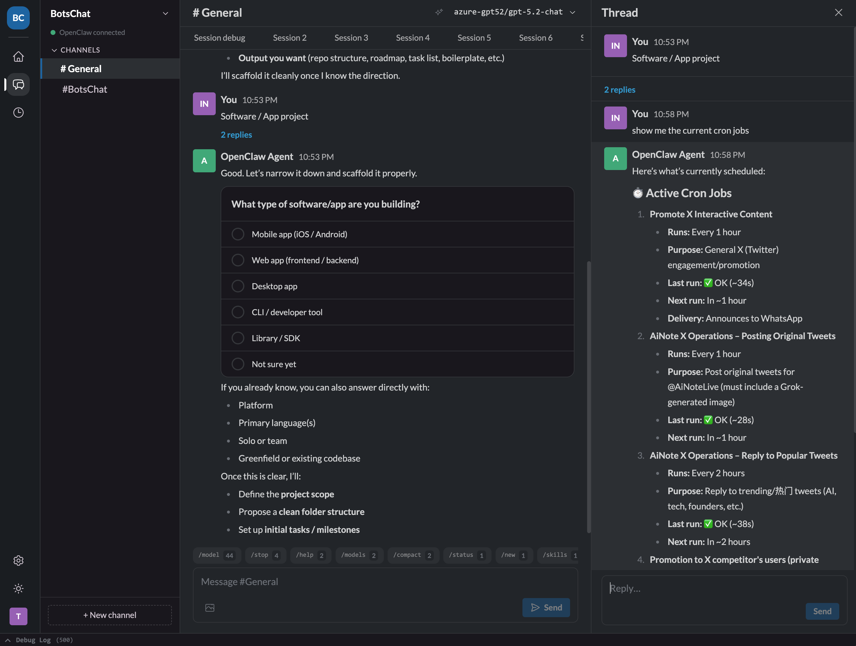 BotsChat thread view — separate channels keep topics organized