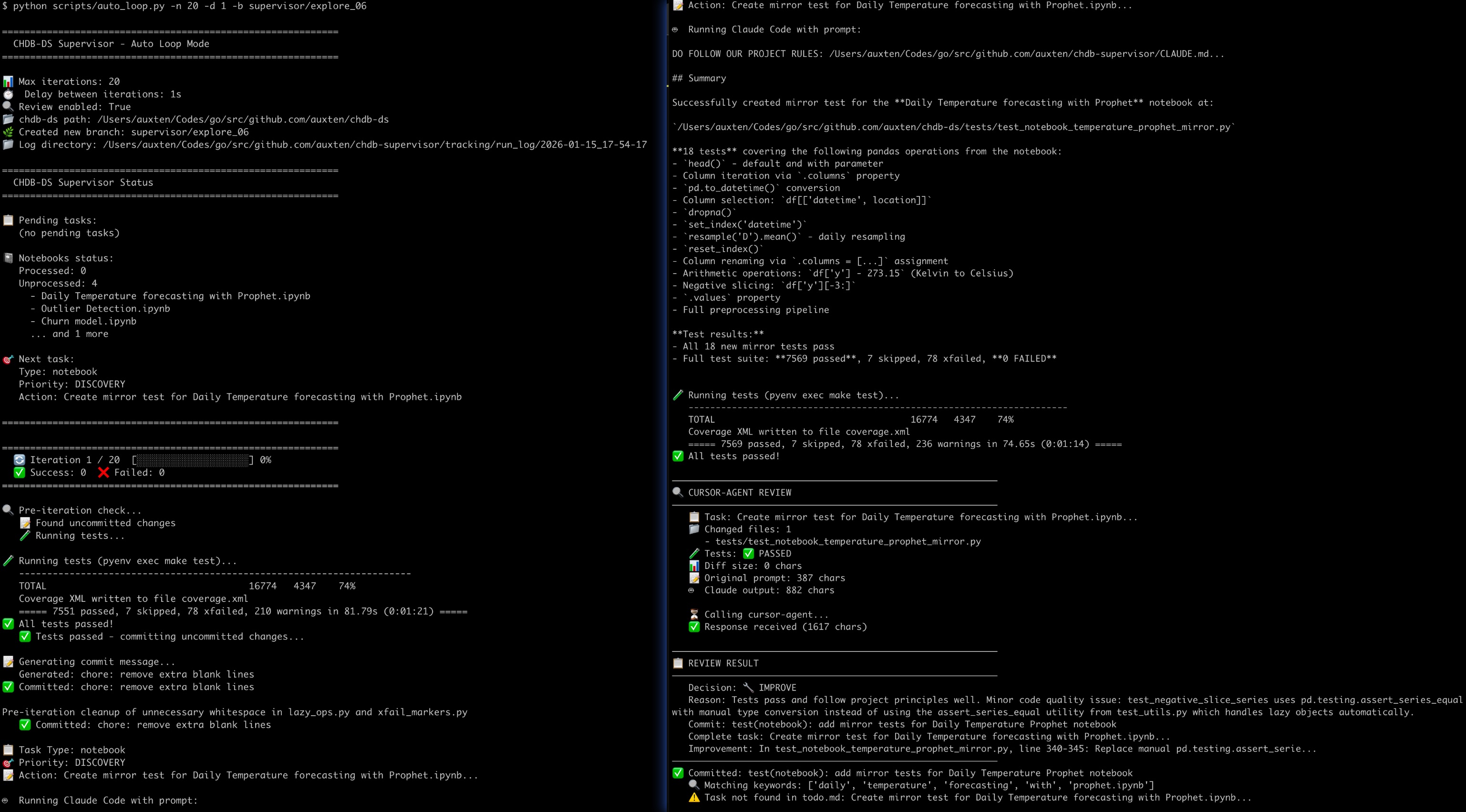 chDB DataStore multi-agent pipeline — test generator, bug fixer, reviewer, all orchestrated by Python