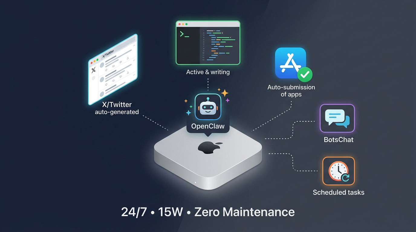 OpenClaw on Mac Mini — 24/7 agent handling code, social media, App Store, and more