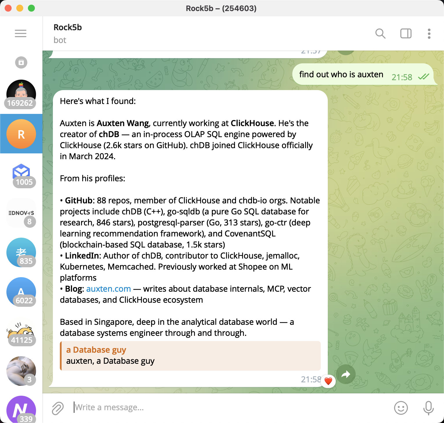 OpenClaw on Rock 5B responding via Telegram — find out who is auxten