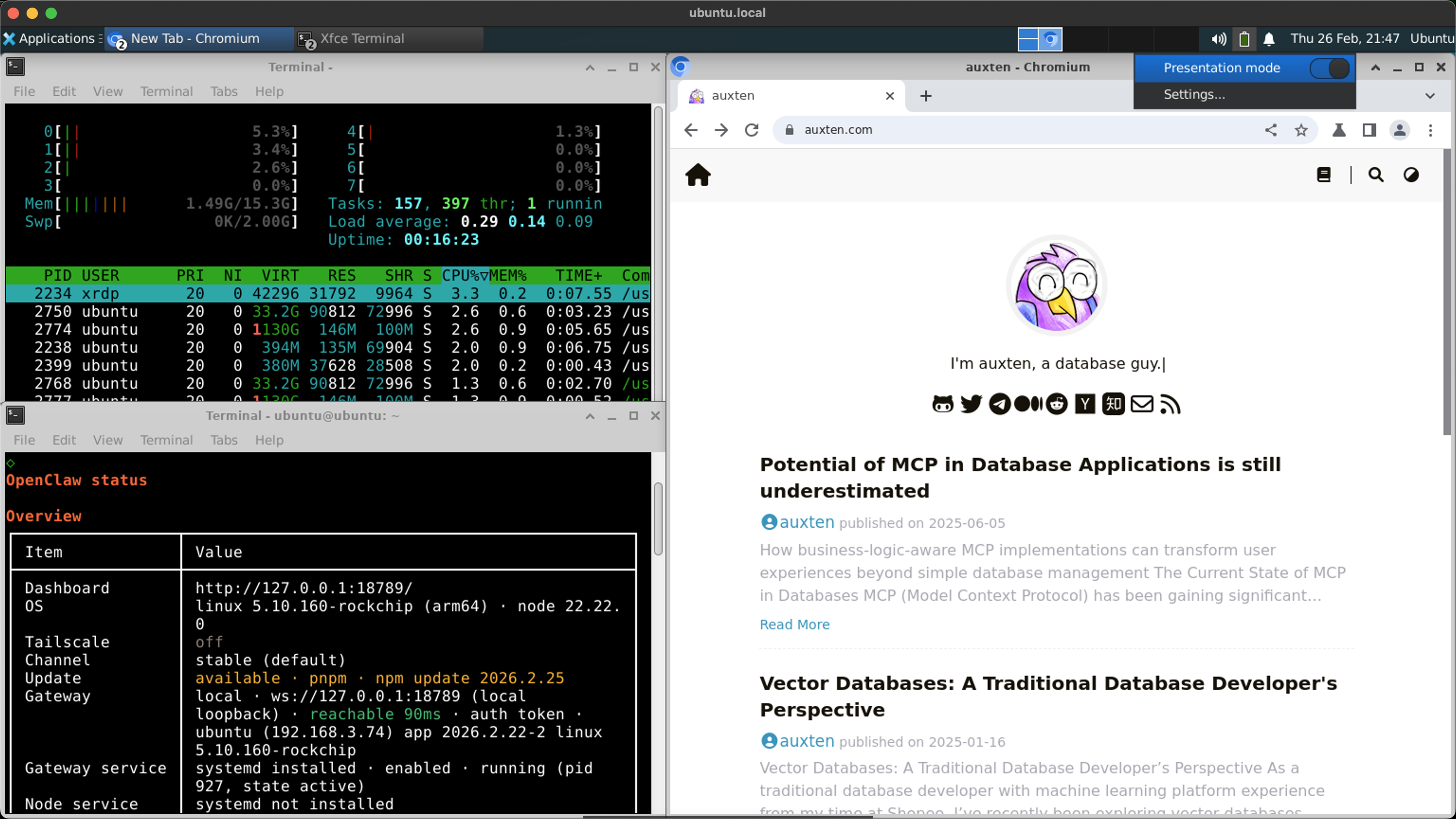 XFCE desktop over RDP: htop, OpenClaw gateway, Chromium browsing normally